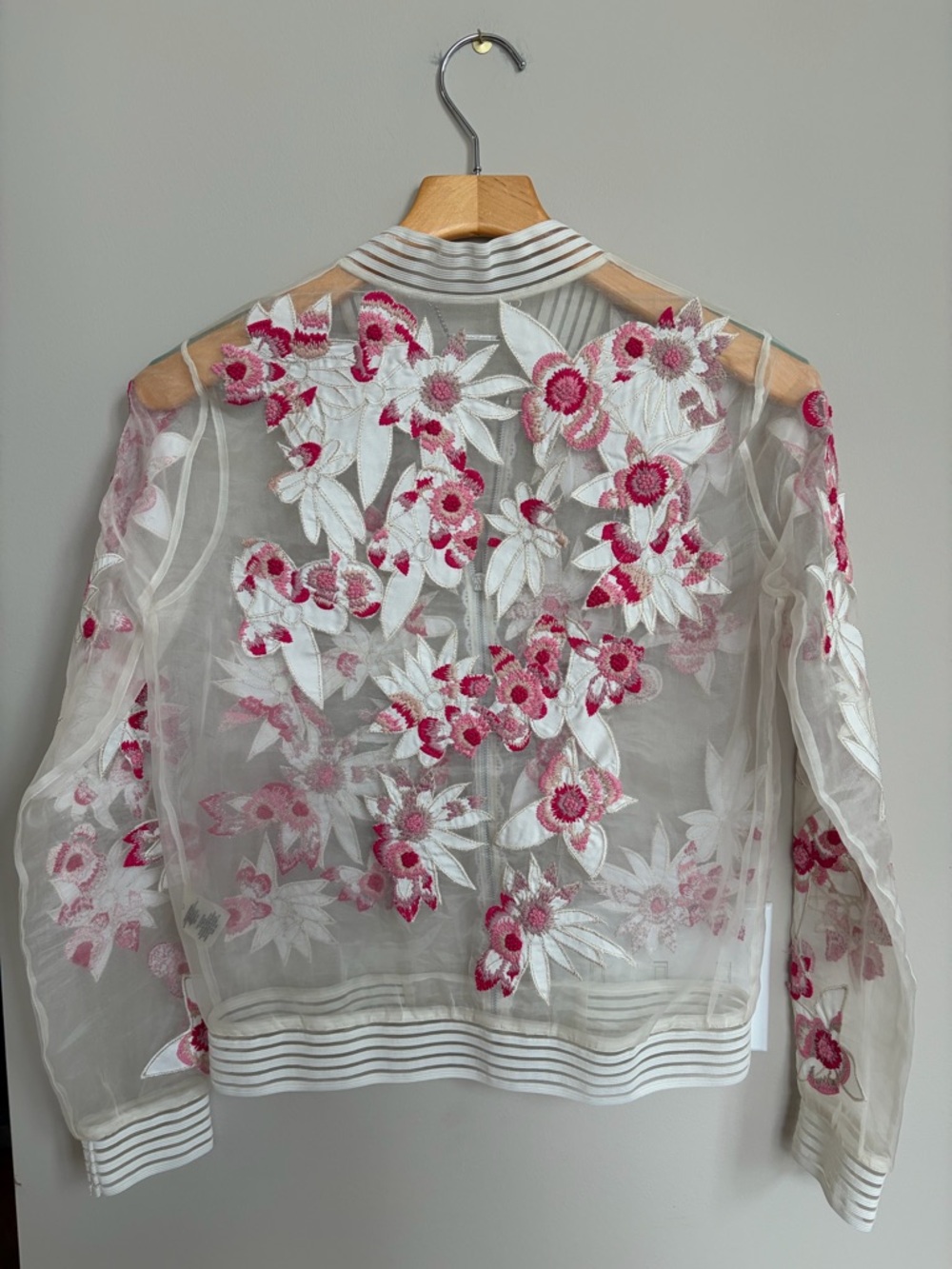 Elie Tahari Sheer Floral Embroidered Bomber Jacket - White & Pink - Picture 8 of 13
